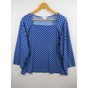 Liz Claiborne Square Neck Blouse Plus Size 2X Blue Geometric Lattice Print